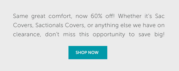 Same great comfort, now 60% off! Whether it's Sac Covers, Sactionals Covers, or anything else we have on clearance, don't miss this opportunity to save big! | SHOP NOW >>