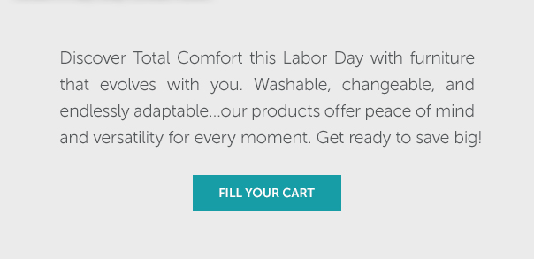 Discover Total Comfort this Labor Day with furniture that evolves with you. Washable, changeable, and endlessly adaptable...our products offer peace of mind and versatility for every moment. Get ready to save big! | FILL YOUR CART >>