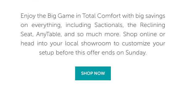 Enjoy the Big Game in Total Comfort with big savings on everything, including Sactionals, the Reclining Seat, AnyTable, and so much more. Shop online or head into your local showroom to customize your setup before this offer ends on Sunday. | SHOP NOW >>