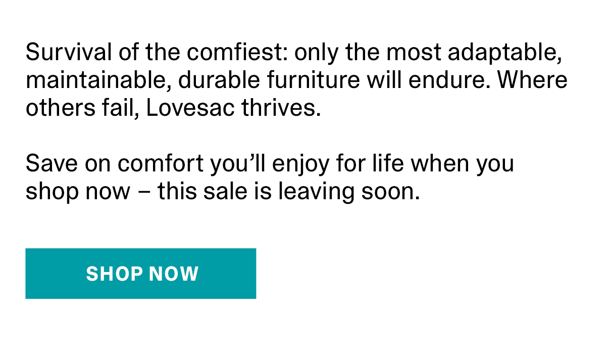 Survival of the comfiest: only the most adaptable, maintainable, durable furniture will endure. Where others fail, Lovesac thrives. Save on comfort you'll enjoy for life when you shop now - this sale is leaving soon. | SHOP NOW >>